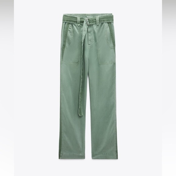 ZARA PAPERBACK PANTS WITH CONTRASTING BELT GREEN Sz L - Picture 7 of 16